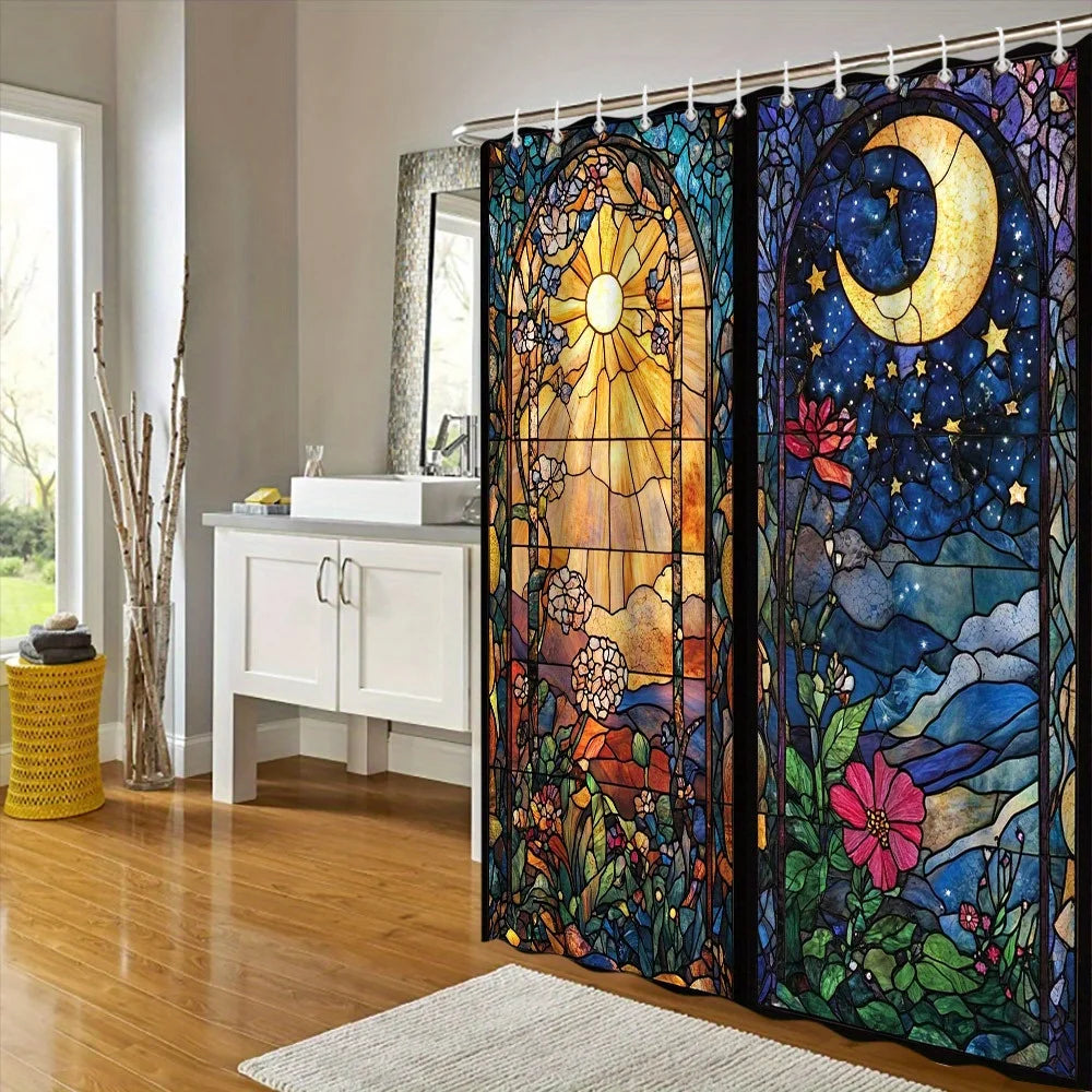 A shower curtain featuring a detailed night sky and moon design with colorful floral elements.