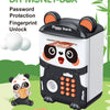 A black and white panda-themed DIY money box with a fingerprint unlock feature sitting on green foliage.