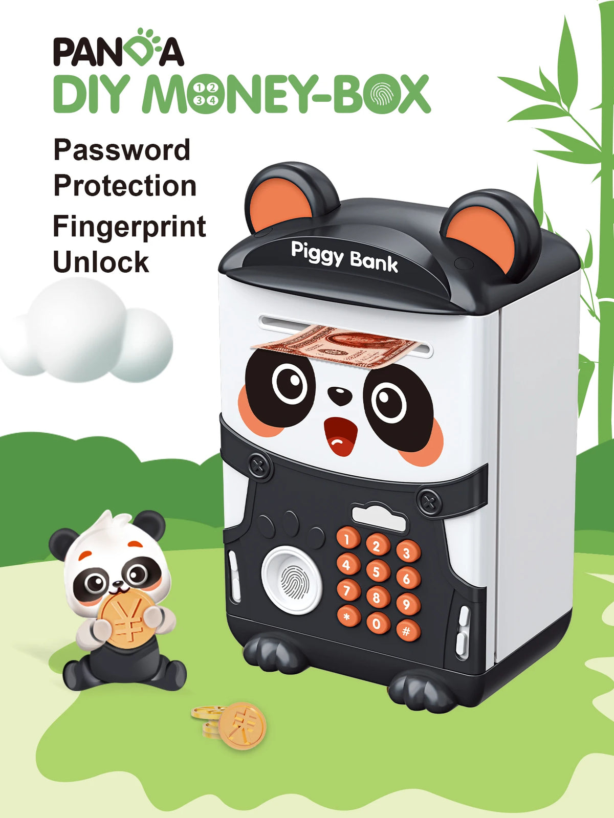 A black and white panda-themed DIY money box with a fingerprint unlock feature sitting on green foliage.