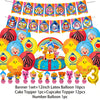 A banner featuring colorful cartoon animals and a set of latex balloons including cake toppers and number balloons