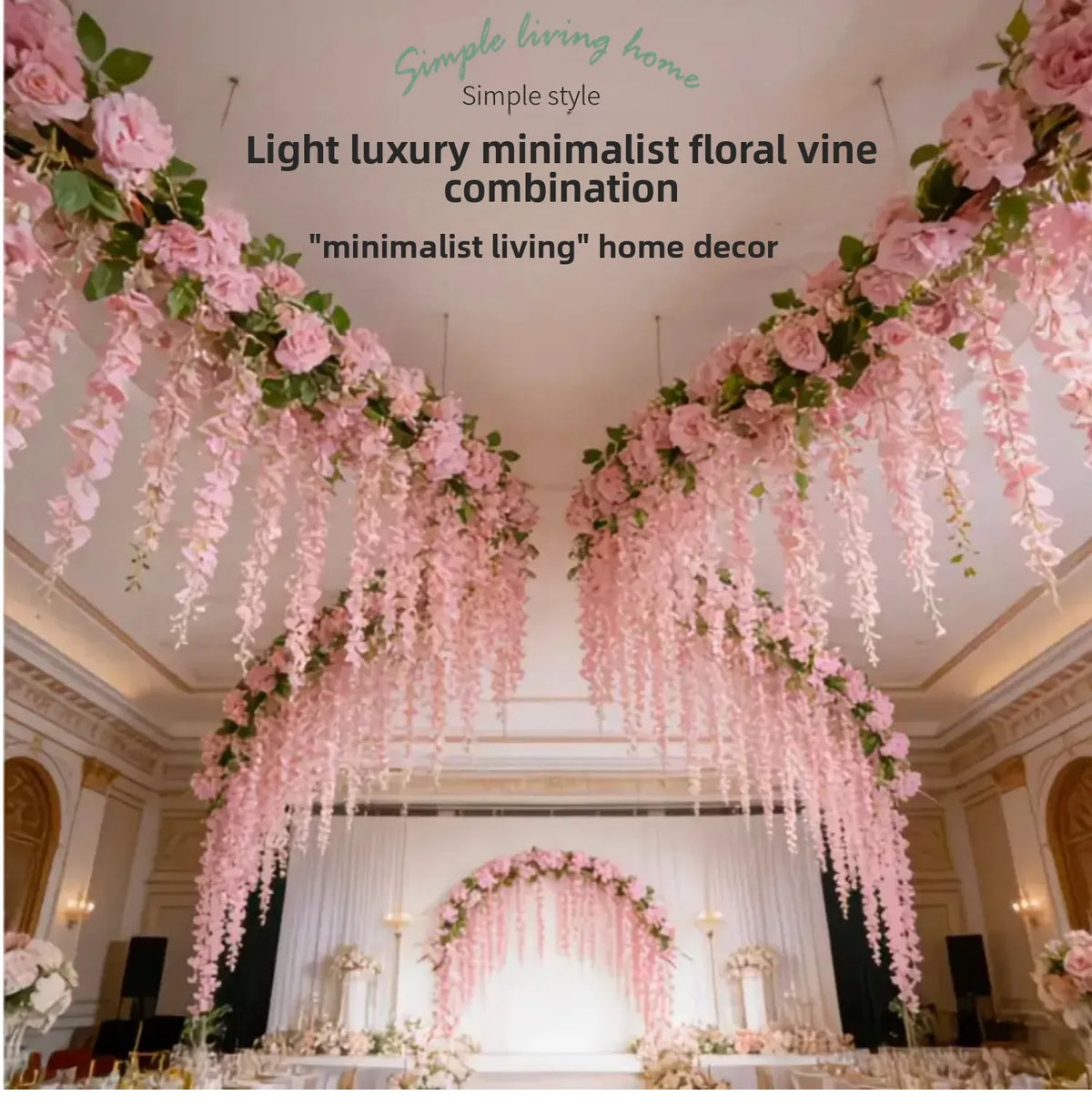 A ceiling decorated with a lush pink floral vine garland featuring hanging wisteria flowers and greenery.