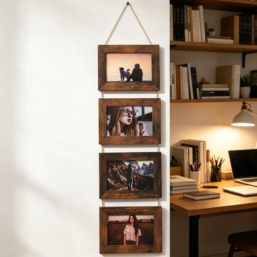 A vertical display of five rustic wooden photo frames featuring nature and portrait photography mounted on a white wall.