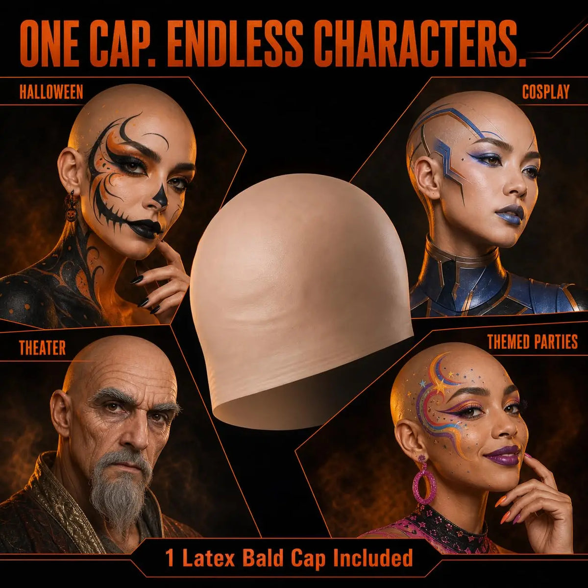 A collage showing various realistic latex bald caps used for Halloween, cosplay, and theater, including a skull face, a chara