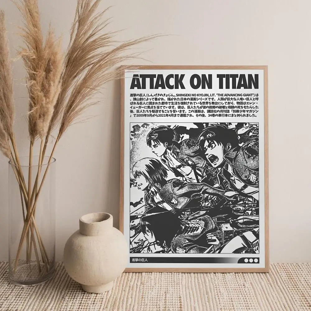 A framed print of Attack on Titan inspired manga art featuring characters in a dramatic style.
