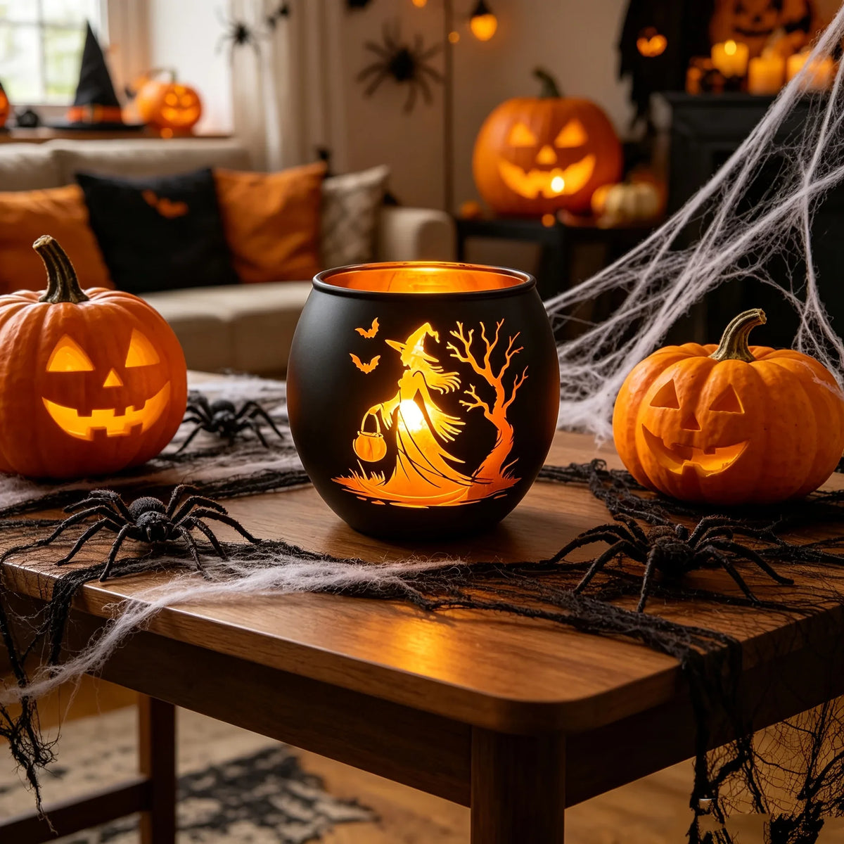 Black Gold Glass Bat Candle Holder with Tree Silhouette