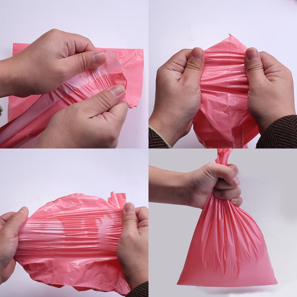 Hands are shown sealing pink plastic self-adhesive shipping pouches.