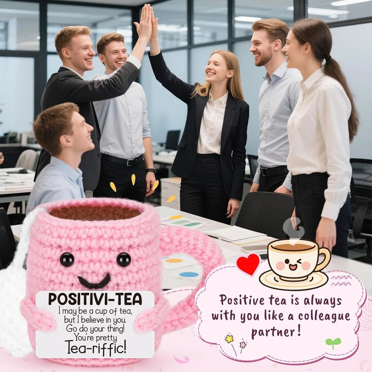 Pink crochet tea cup ornament with a smiling face and motivational text