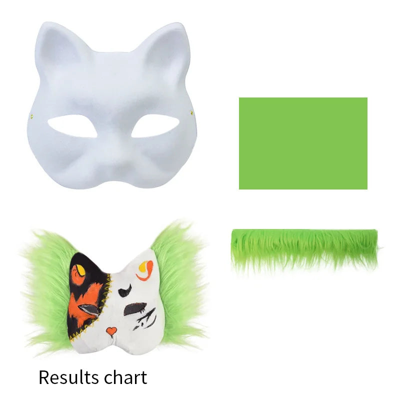 A kit for making DIY white pulp masks featuring fox and cat designs, including a mask mold, green paint, and faux fur.
