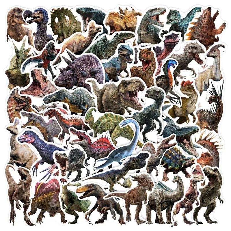 Collection d'autocollants de dinosaures en dessin animé, dans diverses poses et couleurs pour la décoration DIY.