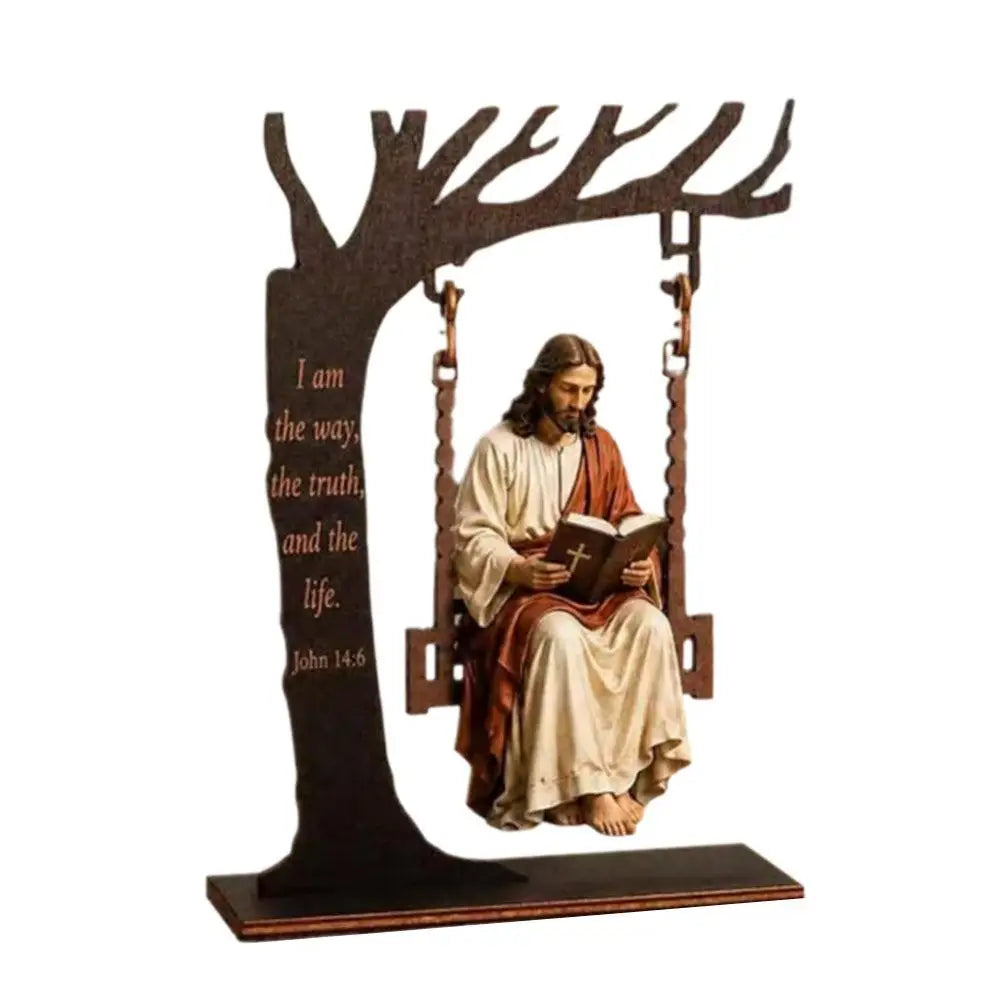 Wooden swing tabletop décor featuring Jesus and a Bible verse