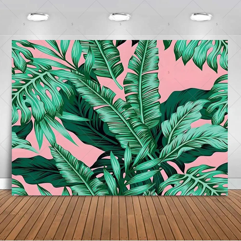 A vibrant pink background featuring lush green tropical palm leaves.