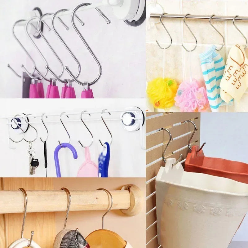 A set of ten S-shape stainless steel hanging hooks displayed against a white background and mounted on various surfaces.