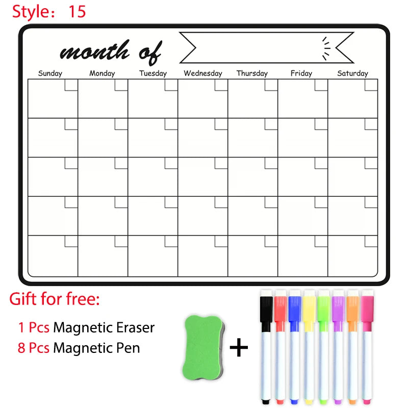 A planner template with a monthly calendar grid and magnetic erasers and pens for writing