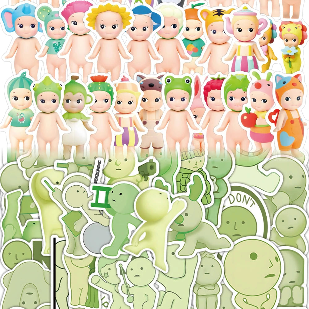 A collection of cute character decals featuring various stylized animal and human figures in pastel colors.