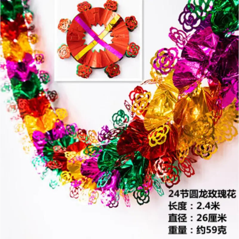 A close-up of a shimmering tinsel garland ribbon featuring various colors like pink, gold, green, and red, with a small circu