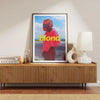 A canvas print featuring a portrait of a person wearing a red helmet and bright pink clothing against a blue sky background.