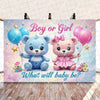 A gender reveal party decoration set featuring blue and pink teddy bear balloons and a banner asking Boy or Girl What will ba