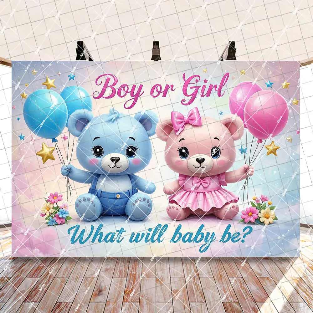 A gender reveal party decoration set featuring blue and pink teddy bear balloons and a banner asking Boy or Girl What will ba