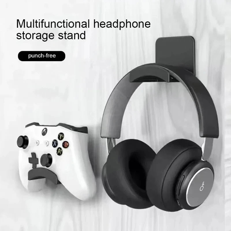 A black multifunctional headphone storage stand featuring over-ear headphones and a punch-free mounting mechanism.