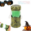 Mini nuclear reactor lantern with eerie green glow and carved pumpkin decorations
