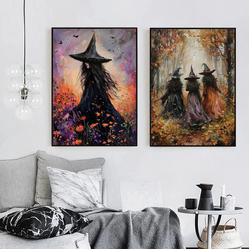Canvas wall art featuring a dark witch figure in a forest setting with autumnal colors.