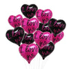 A set of ten black and pink heart-shaped balloons for celebrations