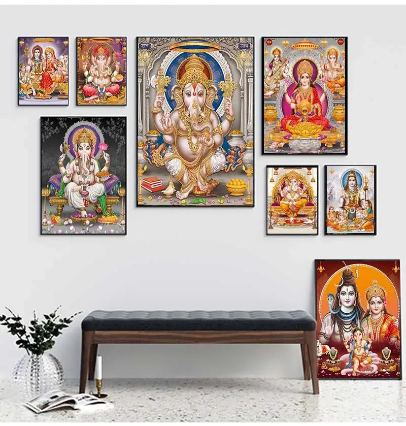 A collection of canvas art prints featuring deities like Ganesha, Shiva, and Parvati in vibrant colors.