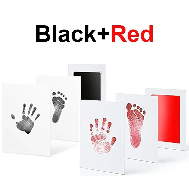 Black and red handprint and footprint ink pad kit showing various prints on white paper.