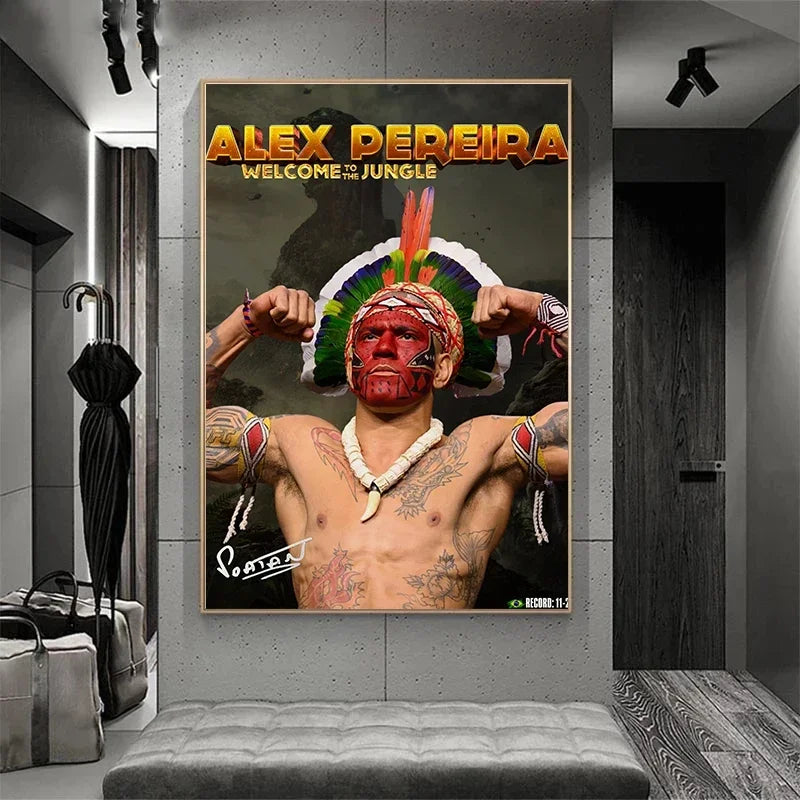 Canvas wall art featuring a portrait of Alex Pereira with a vibrant feathered headdress and intense expression.