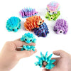 A collection of colorful, articulated 3D printed hedgehog figurines in various shades of blue, purple, and orange.
