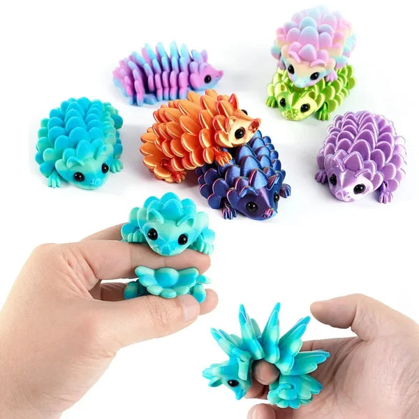 A collection of colorful, articulated 3D printed hedgehog figurines in various shades of blue, purple, and orange.