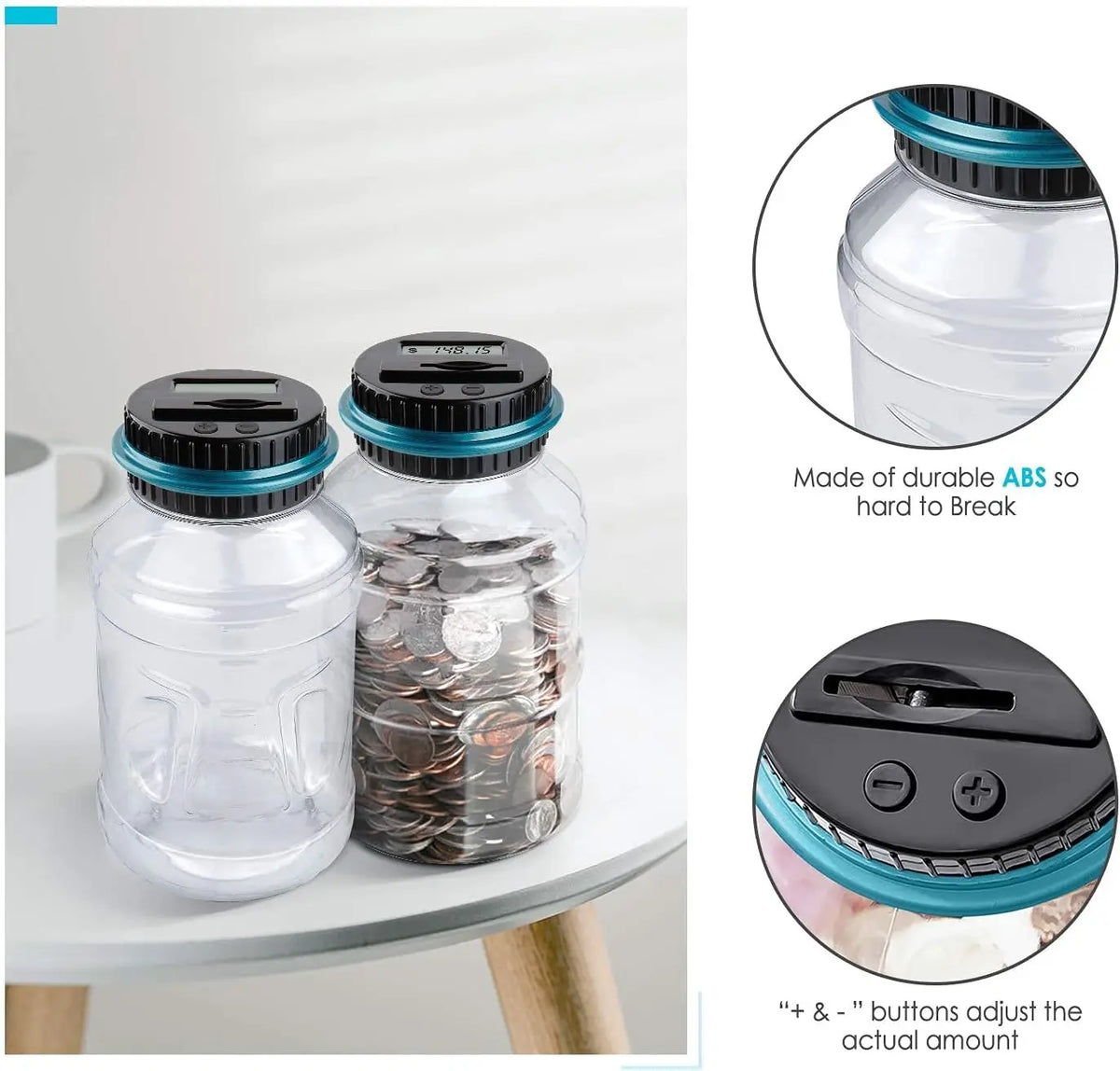 A clear plastic counting piggy bank with a black lid and a blue accent, shown next to coins.
