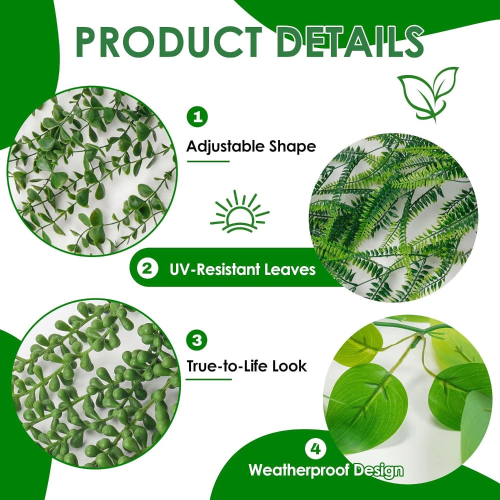 Product details showing features like adjustable shape, UV-resistant leaves, true-to-life look, and weatherproof design of ar