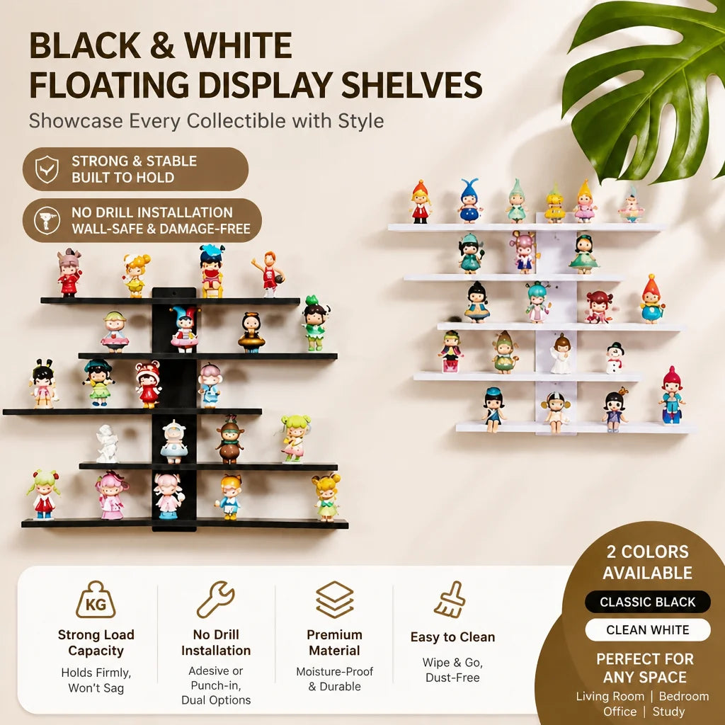 Black and white floating display shelves showcasing collectible figures on a wall