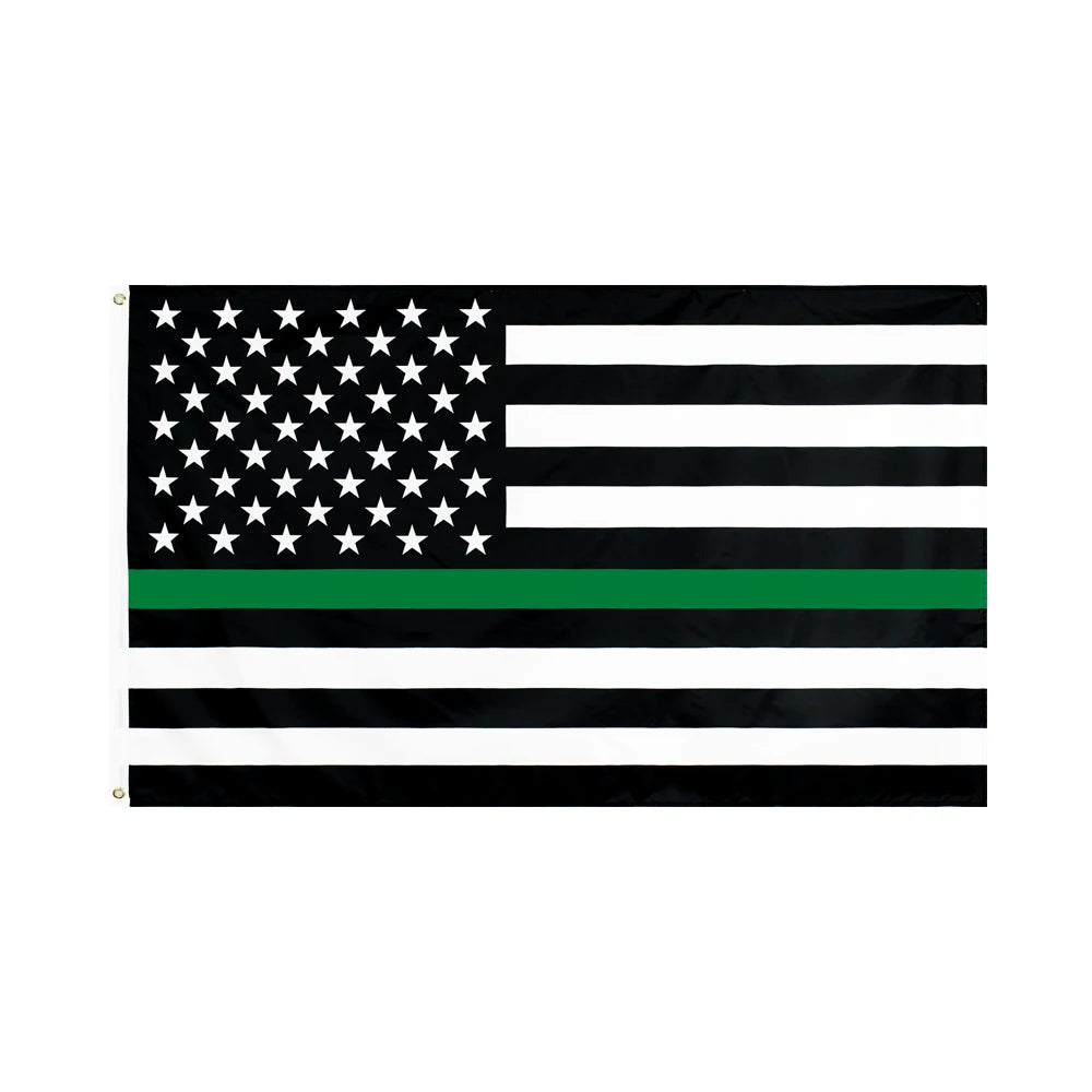A black and white flag with a green horizontal stripe, resembling a tribute to first responders.