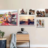 A gallery wall featuring several framed photos of a family and couple.