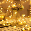 A bouquet of light-colored roses displayed in a vase surrounded by glowing LED star fairy lights on a checkered cloth.