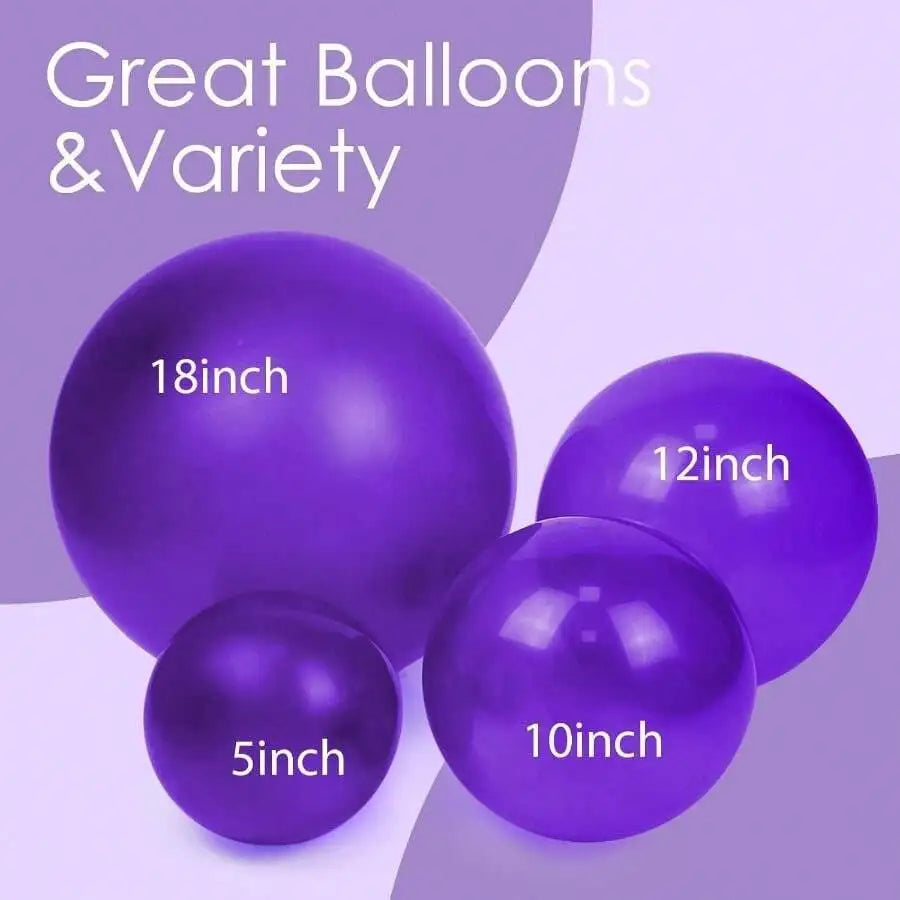 A collection of dark purple latex balloons in various sizes, including 5 inch, 10 inch, 12 inch, and 18 inch.