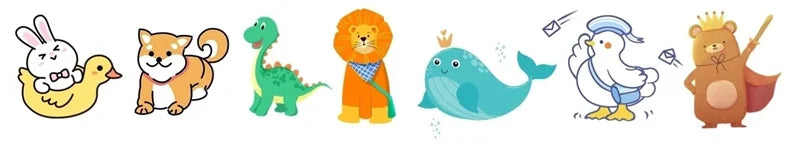 A row of cartoon animal charms including a chick, a cat, a dinosaur, a lion, a whale, and a bear.