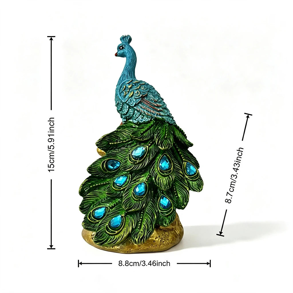 A teal peacock statue with a green leafy base and an iridescent blue crystal tail.