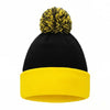 Black knitted beanie with a yellow brim and a yellow pom-pom.