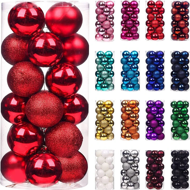 A collection of 24 festive Christmas tree ornament balls in various colors including red, pink, gold, and blue.