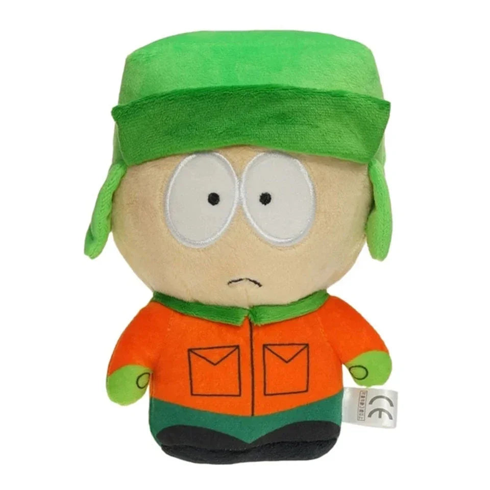 A plush doll of the South Park character Stan wearing a green hat and an orange jacket.