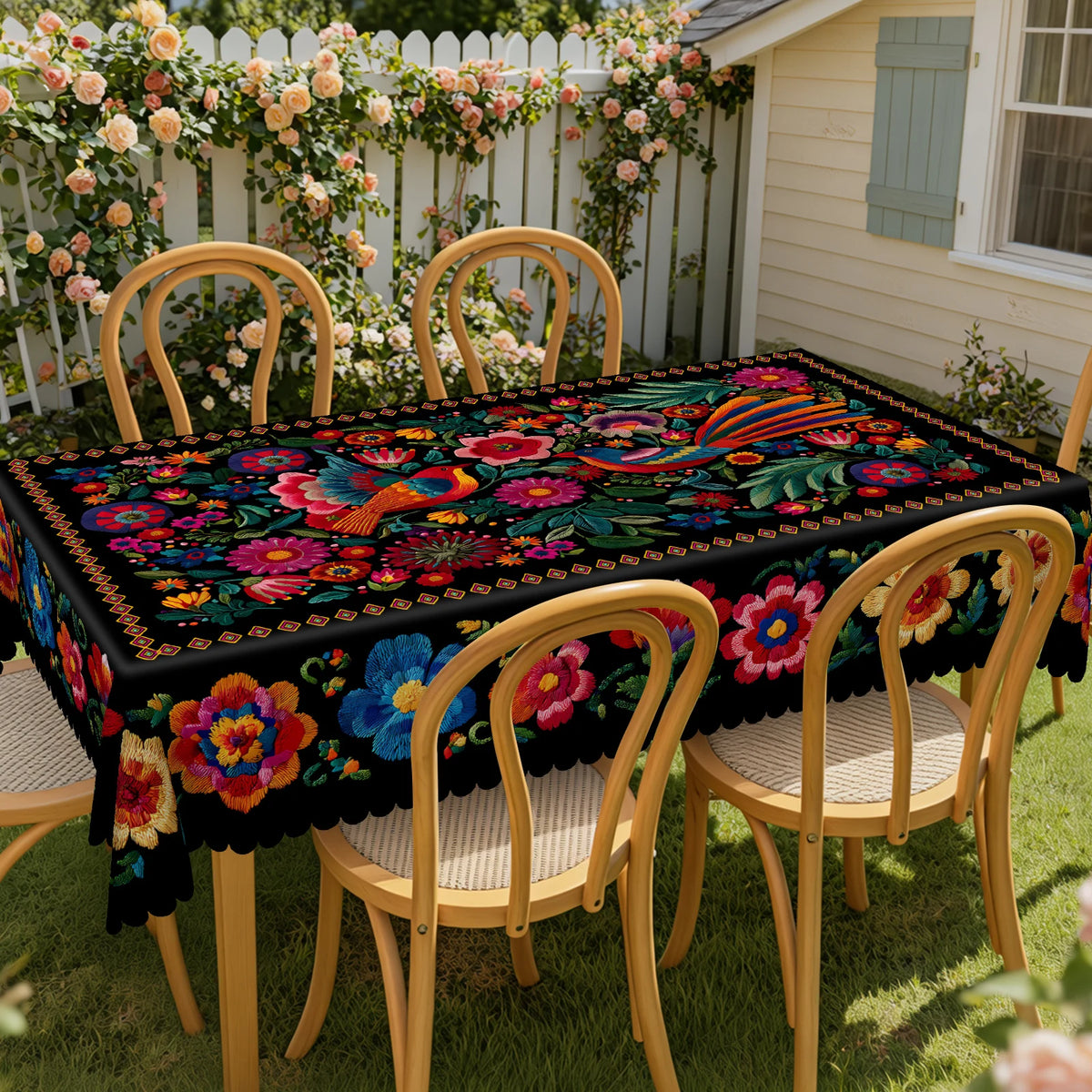 A vibrant Mexican style embroidered tablecloth set for outdoor dining with wooden chairs and a white picket fence backdrop.