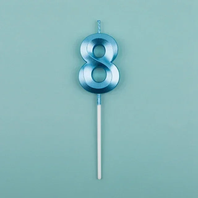 A blue number eight candle on a thin stick against a light teal background.