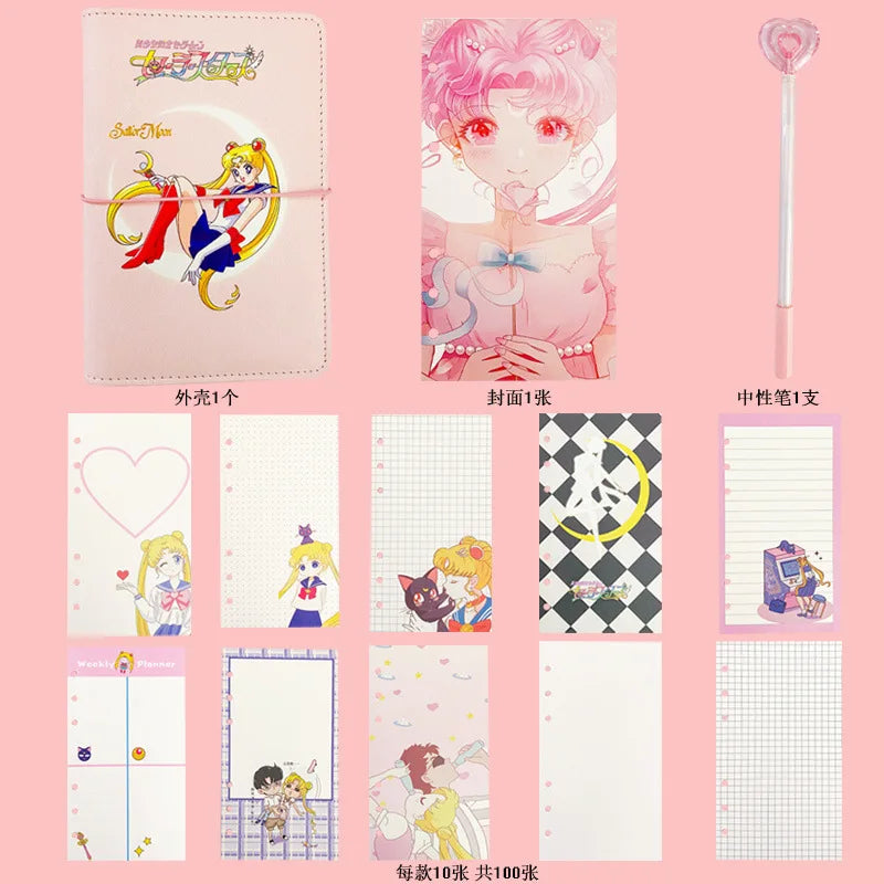 A set of luxury heart pendant diaries featuring various designs and layouts in pink, yellow, and white.