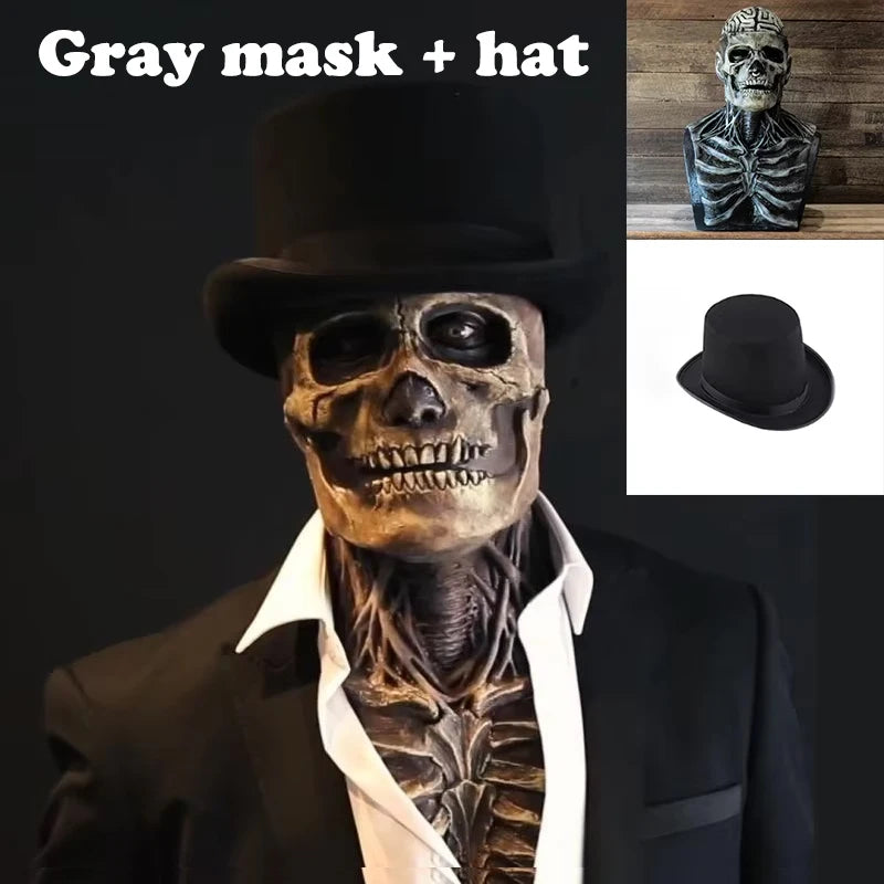 A realistic latex skull mask worn by a person, featuring a black hat and dark clothing.