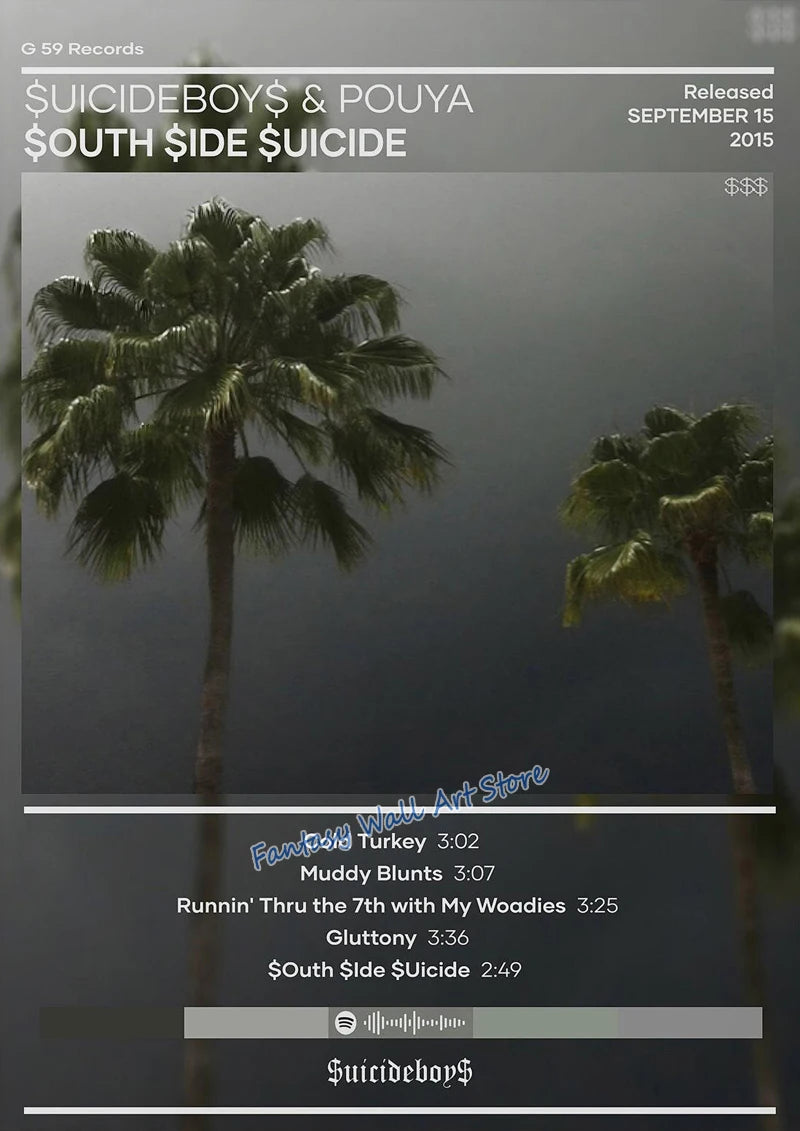 Album cover art for Suicideboys & Pouya titled South Side Suicide featuring palm trees.