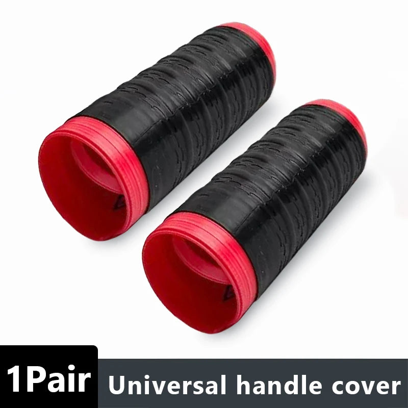 A pair of black and red universal silicone handlebar grip covers shown diagonally.