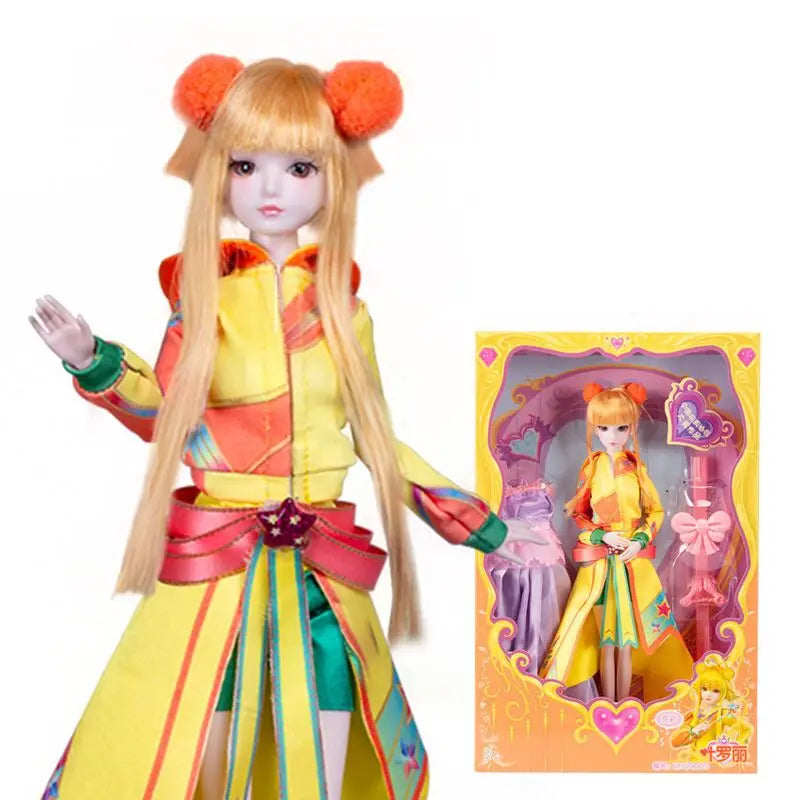 A princess ball-jointed doll with long blonde hair and a yellow outfit adorned with orange and pink accents.